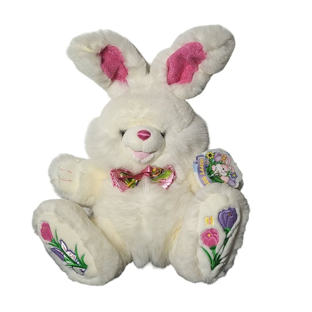 Vintage DanDee Hoppy Hopster Bunny Rabbit Floral Embroidered Bow Plush Easter‎